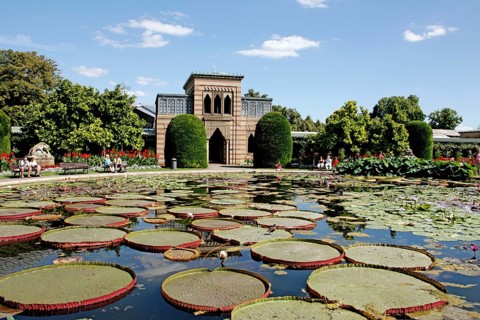 Water lily pond, former bathhouse, zoological-botanical garden Wilhelma, Stuttgart-Bad Cannstadt,