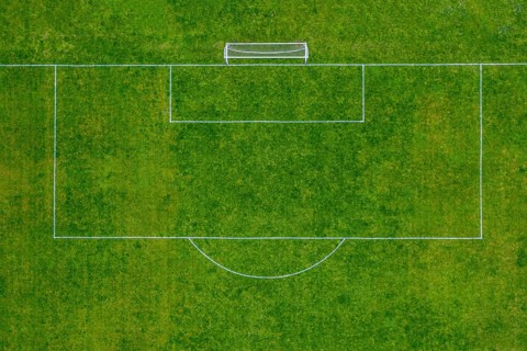 Aeriel drone view of the penalty area on a soccer field