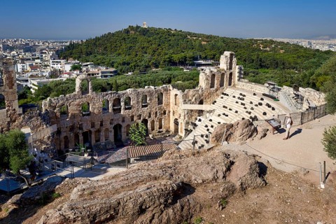 Athens Greece. From the Acropolis view over the city and the Odeon of Herod the Atticus theatre