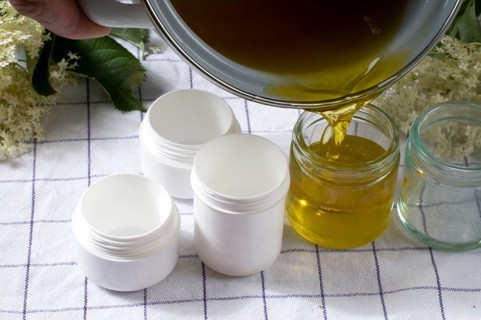 Elder (Sambucus nigra), production of elderberry ointment, pouring the still liquid ointment into