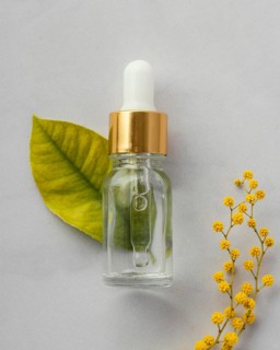 Flat lay serum bottle leaf