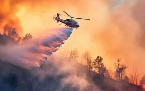 Firefighting helicopter pours water over forest fire, flames, fire inferno, climate change, heat,