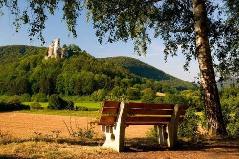 Bench with view of Neideck Castle, castle ruins, Wiesenttal, Franconian Switzerland, Bavaria,
