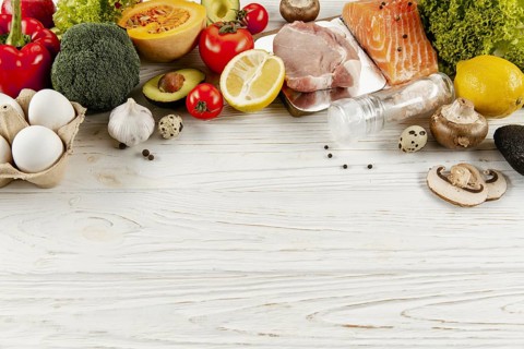 High angle vegetable ingredients meat with copy space