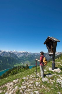 View of Lake Achensee from the Durra Cross, Tyrol, Austria, Europe