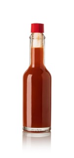 red hot sauce, bottle of spicy isolated on white background