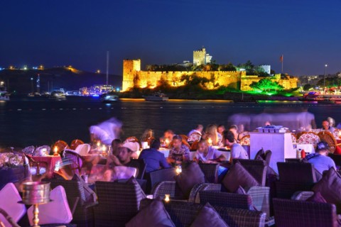 BODRUM, TURKEY - SEPTEMBER 13, 2015: View of Bodrum harbor and Castle of St. Peter by night.