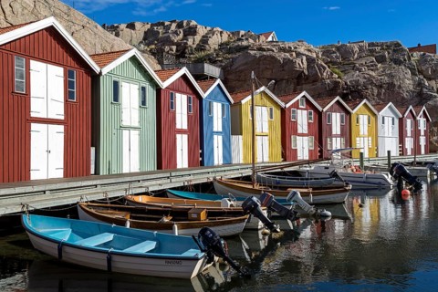 Fishing boats and colourful boathouses, harbour of Smögen, Smögenbryggan, Västra Götaland County,
