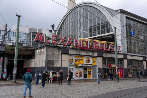 Alexanderplatz with station entrance and McDonald's sign, Berlin, Germany, Europe