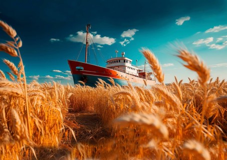 A ship sails through a wheat field, symbolic photo for grain transport from Ukraine