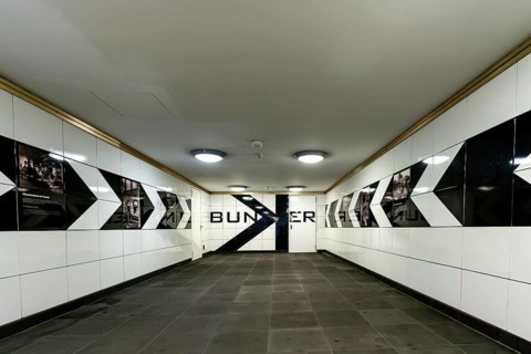 Unfamiliar perspective of the hallway at the Berlin Anhalter Bahnhof undergroundstation with the