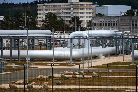 Germany, 3 April 2022: Gas pipes, connections, equipment and pressure reducers at the landfall site