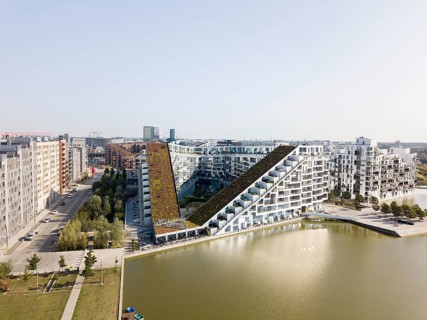 Copenhagen, Denmark, August 26, 2019: Aerial view of the 8 Tallet building, designed by famous