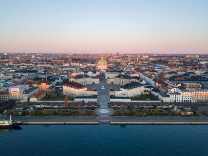 Copenhagen, Denmark, February 5, 2020: Aerial drone view of Amalienborg Palace and the Marble