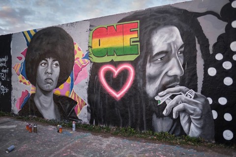 Germany, Berlin, 06. 06. 2020, Mauerpark, GraffitiWall, portrait Bob Marley, Portrait Angela Davis,
