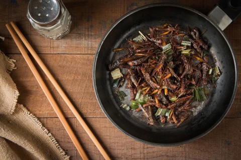 Fried grasshopper with pandan Season with salt, pepper and soy sauce. on old wooden table