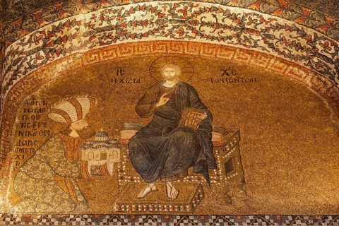 Theodoros Metochites presents the model of the renovated Chora Church to Christ Pantokrator, Chora