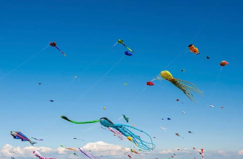 Kites in the sky at the Elbe Beach Festival 2022 in Otterndorf, Cuxhaven District, Lower Saxony,