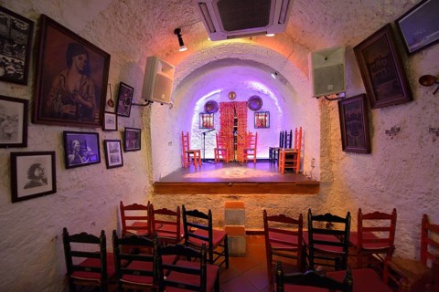 Stage in a former cave home, Los Tarantos flamenco club, Sacromonte, Granada, Granada province,