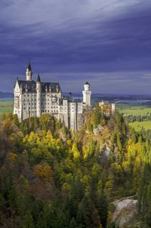 Neuschwanstein Castle seen from Marienbrücke in autumn, fall, 19th-century Romanesque Revival
