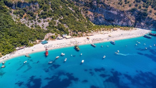 Aerial drone view of the paradise beach of Kroreza or Krorez on the Albanian riviera in Sarande,