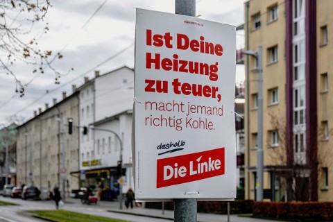 Advertising poster Die Linke, Ist Deine Heizung zu teuer, macht jemand richtig Kohle