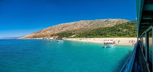 Panoramic view of the paradise beach of Kroreza or Krorez from the boat on the Albanian riviera in
