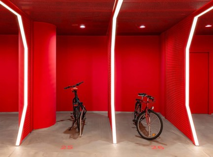 Underground car park for bicycles, redesigned Potsdamer Platz station, Sony Center, Berlin,
