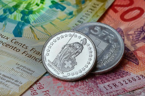 Swiss coins on banknotes, Switzerland, Europe