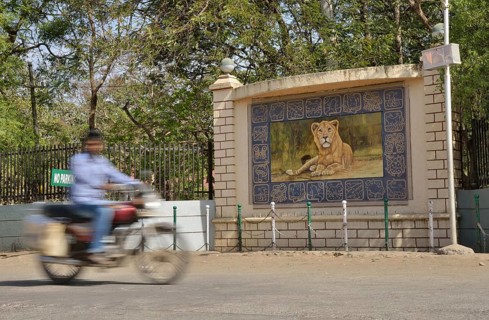 Motorcycle in front of the image of a lion, Asiatic Lion, outside the headquarters of the Forestry