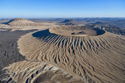 Harrat Khaybar volcanic landscape, aerial view, near Khaybar, Medina Province, Saudi Arabia,