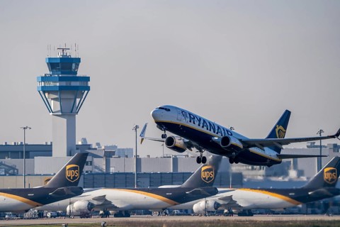 Ryanair Boeing 737 on take-off, air cargo centre, air traffic control tower, Cologne-Bonn Airport,
