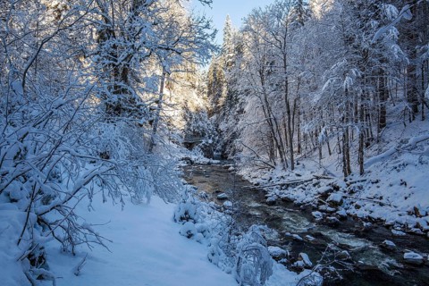 Winter, snowy landscape, river Breitach and hiking trail through the Breitachklamm gorge near