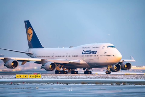 Lufthansa Boeing 747-8, on the taxiway to Runway West, Frankfurt FRA Airport, Fraport, in winter,