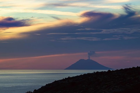 Sunset over Stromboli Volcano from Nicotera, Mount Stromboli, Tyrrhenian Sea, Stromboli, Italy,