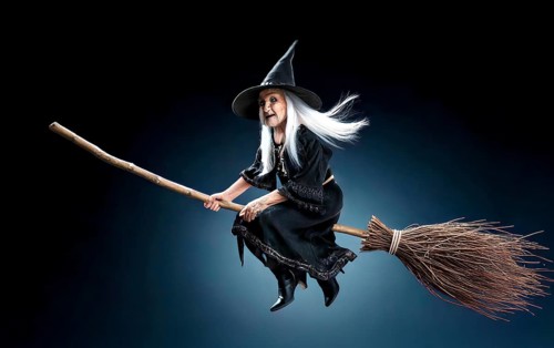 An old witch rides on a brushwood broom, symbolic image myth, fairy tale, legend, fantasy,