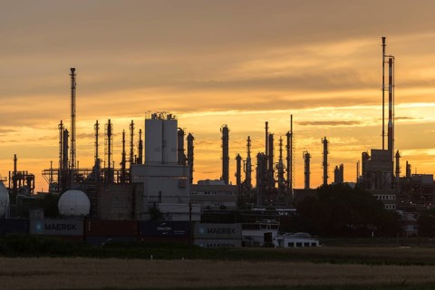 BASF, Lugwigshafen on the Rhine, industrial area, dusk, Mannheim, Baden-Württemberg, Germany,