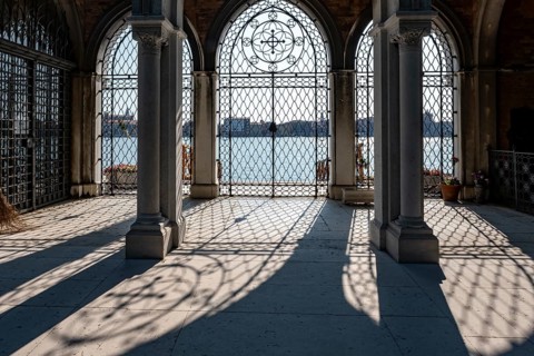 Gate at the cemetery wall, view of the lagoon, Cemetery Island San Michele, Venice, Italy, Europe