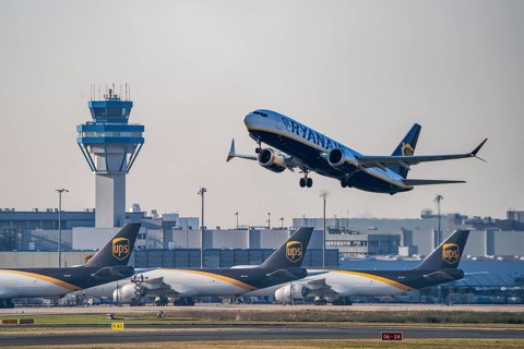 Ryanair Boeing 737 on take-off, air cargo centre, air traffic control tower, Cologne-Bonn Airport,
