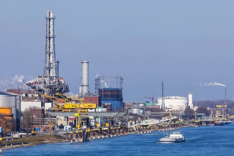 BASF plant, production building and smoking chimneys. Ludwigshafen on the Rhine,