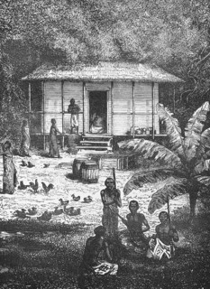 Wooden house of a labourer's family on a plantation, 19th century, stairs, terrace, people,