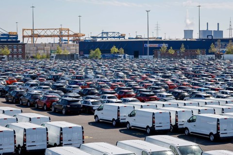 Duisburg, North Rhine-Westphalia, Germany - New cars and vans, car terminal in Duisburg harbour,