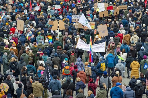 Demonstration against the right, people protest against right-wing extremism and in favour of