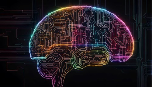 Abstract digital brain made of interconnected lines and glowing circuits in neon colors,