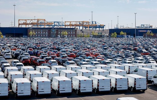 Duisburg, North Rhine-Westphalia, Germany - New cars and vans, car terminal in Duisburg harbour,
