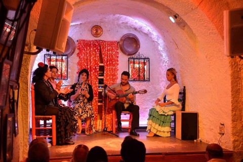 Flamenco performance on the stage of a former cave home, Los Tarantos flamenco club, Sacromonte,