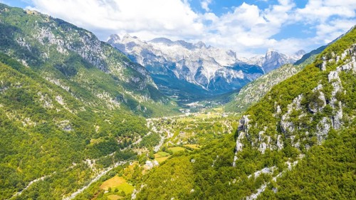 Aerial view in the valley of Theth National Park, Albania. albanian alps