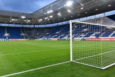 Indoor, Pitch, Tor tor, Opposite stand, empty, Floodlight, blue hour, Europa League, PreZero Arena,