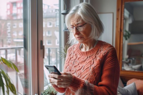 An elderly woman stands at the window in her living room and looks worried, frightened, unsettled