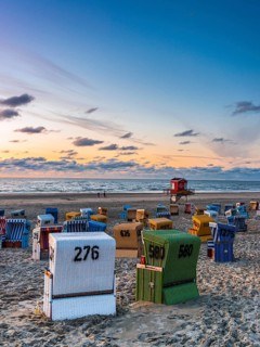 Evening sky, beach chairs, beach, tourism, travel, holiday, North Sea, North Sea island, Langeoog,